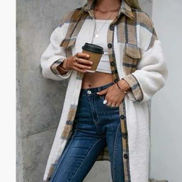 NEW Lapel Button Down Long Plaid Fuzzy Shacket - Picture 3 of 5